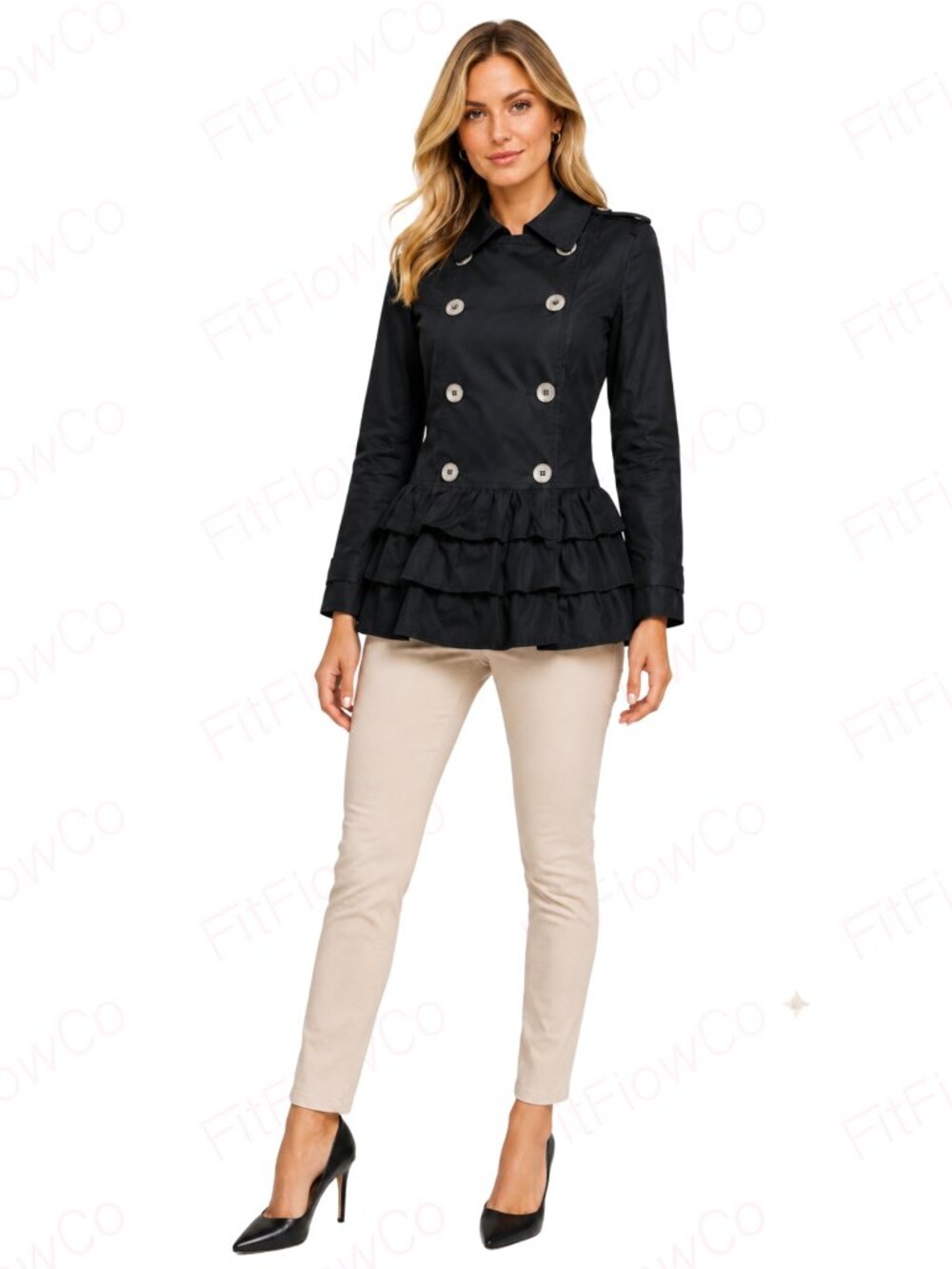 Express Black Tiered Ruffle Trench Jacket XS Double Breasted